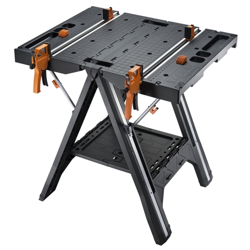 Folding Work Table with Quick Clamps, 25 in OAW, 31 in OAH, 300 lb Capacity, Plastic Tabletop