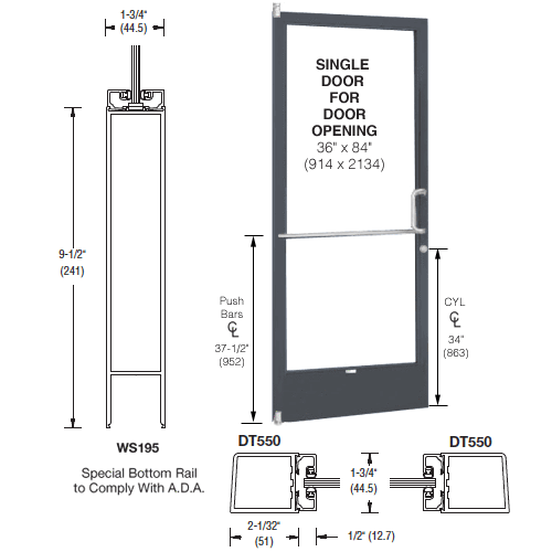 CRL-U.S. Aluminum CD21222R036 Bronze Black Anodized 250 Series Narrow Stile (LHR) HLSO Single 3'0 x 7'0 Offset Hung with Pivots for Surface Mount Closer Complete ADA Door, Lock Indicator, Cylinder Guard - for 1/4" Glazing