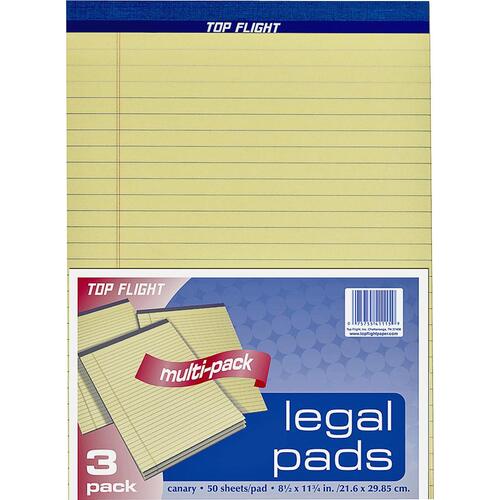 TOP FLIGHT 4513094 N 11 Legal Pad, 11-3/4 in L x 8-1/2 in W Sheet, 50-Sheet, Canary Yellow Sheet - pack of 3