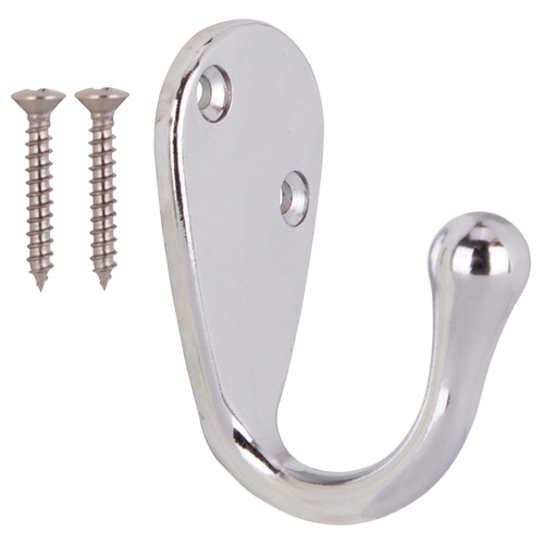 Coat and Hat Hook, 22 lb, 1-Hook, 1-1/8 in Opening, Zinc, Chrome Silver