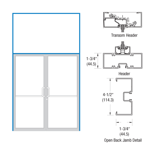 Clear Anodized Double Door 75-1/2" x 85-3/4" 450 Series Transom Frame for Offset Pivot Using Surface Mount Closers