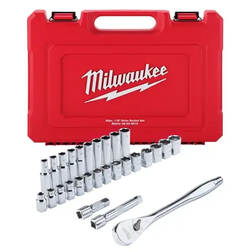 Ratchet and Socket Set, Alloy Steel, Specifications: 1/2 in Drive Size, Metric Measurement