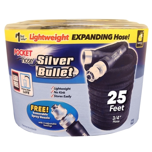 Silver Bullet 136436 Expanding Garden Hose, 3/4 in, 25 ft L, Plastic, Black