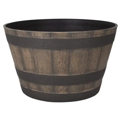 Planter Barrel, 21 in Dia, Round, Whiskey Barrel Design, High-Density Resin, Satin Dark/Weathered Oak