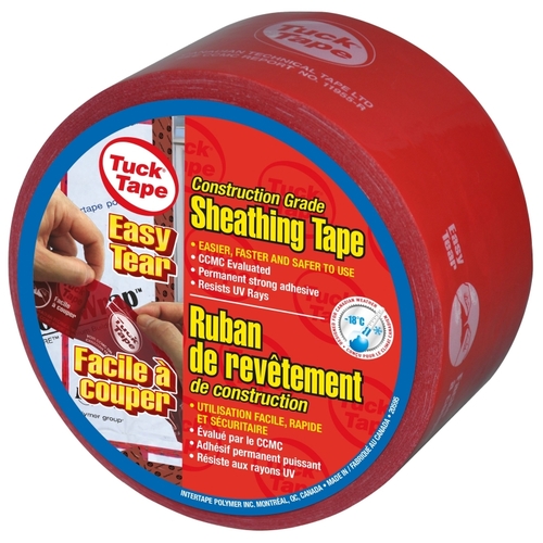 Contractors Sheathing Tape Roll, 55 m L, 60 mm W, 3 mil Thick, Polypropylene Backing, Red