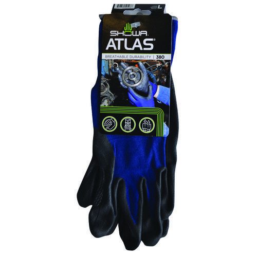 Atlas 380L-08.RT Lightweight Coated Gloves, L, 8-21/32 to 10-15/64 in L, Elastic Cuff, Nitrile Foam Coating, Black/Blue Pair