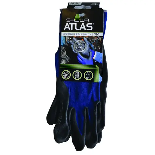 Lightweight Coated Gloves, L, 8-21/32 to 10-15/64 in L, Elastic Cuff, Nitrile Foam Coating, Black/Blue Pair