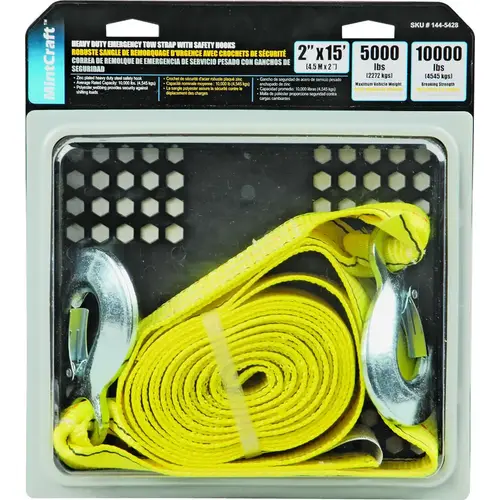 Emergency Tow Strap, 10,000 lb, 2 in W, 15 ft L, Hook End, Polyester Webbing, Steel Hook, Yellow