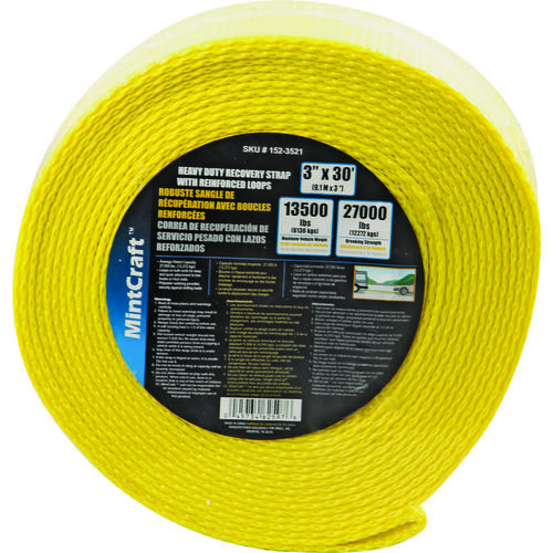 Recovery Strap, 27,000 lb, 3 in W, 30 ft L, Polyester, Yellow