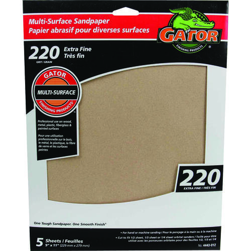 GATOR 4443-012 Sanding Sheet, 9 in L, 11 in W, 220 Grit, Extra Fine, Aluminum Oxide Abrasive - pack of 5