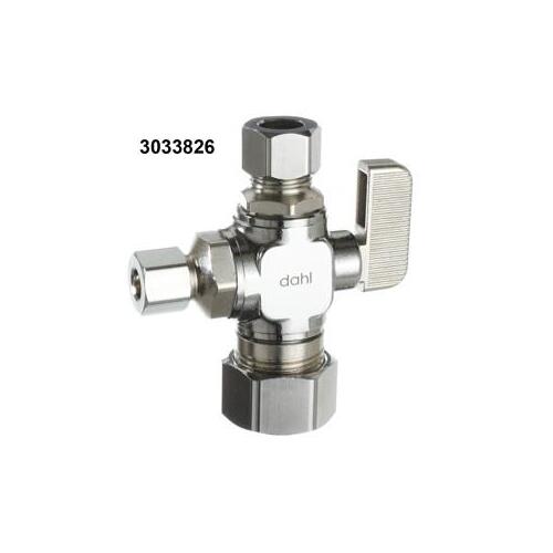 mini-ball Straight Dual Outlet Valve, 5/8 x 3/8 x 1/4 in Connection, Compression, Brass Body