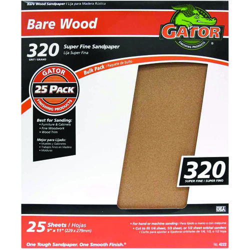 GATOR 3314-XCP25 Sanding Sheet, 11 in L, 9 in W, 320 Grit, Garnet Abrasive - pack of 25