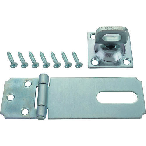 Safety Hasp, 3-1/2 in L, 3-1/2 in W, Steel, Zinc, 3/8 in Dia Shackle, Swivel Staple Silver