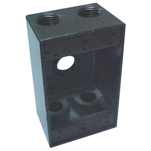 Weatherproof Outlet Box, 2 in W, 4-9/16 in D, 2-13/16 in H, 5 -Knockout, Metal, Gray, Powder-Coated