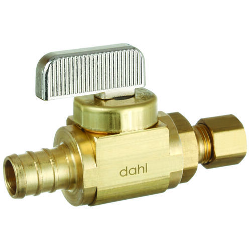 Dahl Brothers 521-PX3-30-BAG mini-ball Stop Valve, 1/2 x 1/4 in Connection, Crimp x Compression, 250 psi Pressure, Brass Body