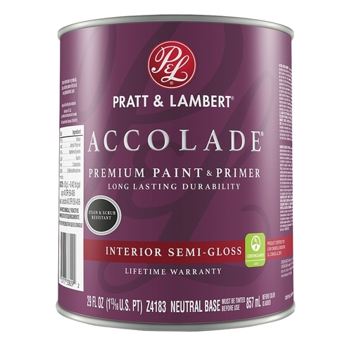Pratt & Lambert 0000Z4183-14 Accolade Z4100 Paint and Primer, Semi-Gloss, Neutral Base, 29 oz