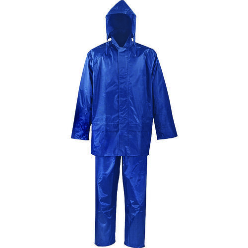 Rain Suit, M, 28-1/2 in Inseam, Polyester, Blue, Drawstring Pull-Out Hood Collar