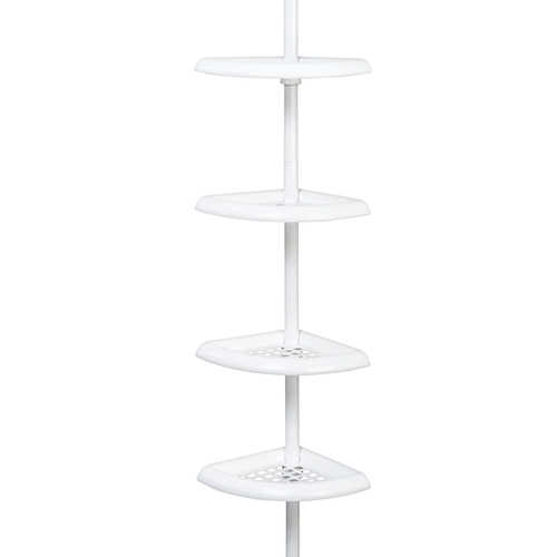 Tension Pole Shower Caddy, 7.2 in OAL, 10.6 in OAW, 4-Shelf, Plastic, White