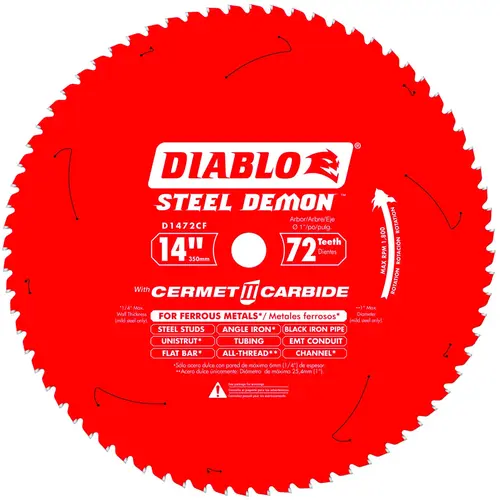 Circular Saw Blade, 14 in Dia, 1 in Arbor, 72-Teeth, Cermet Cutting Edge Perma-Shield