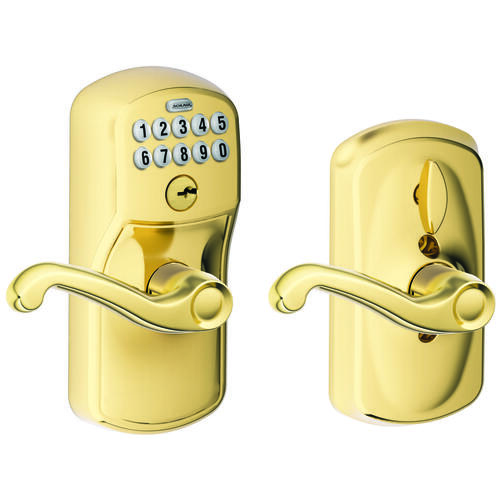 Schlage FE595V PLY/FLA 50 FE Series FE595 PLY 505 FLA Keypad Lock with Flex-Lock, Different Key, Bright Brass, Flair Lever Interior Handle