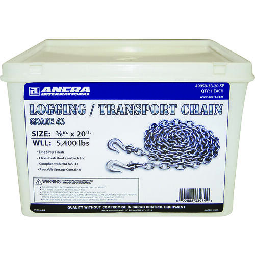 ANCRA 49958-38-20-SP Transport Chain Assembly with Clevis Hook, 3/8 in, 20 ft L, 5400 lb Working Load, 43 Grade