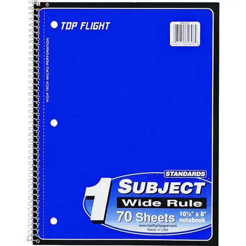TOP FLIGHT 4510816 WB70PF Wide Rule Notebook, Micro-Perforated Sheet, 70-Sheet, Wirebound Binding