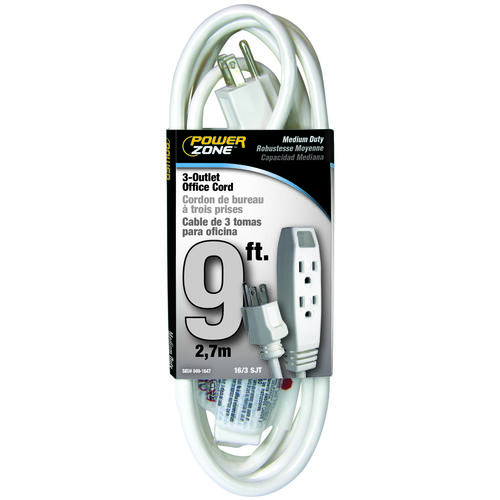 PowerZone OR890609 Extension Cord, 16 AWG Cable, 5-15P Grounded Plug, 5-15R Grounded Receptacle, 9 ft L, 13 A, 125 V