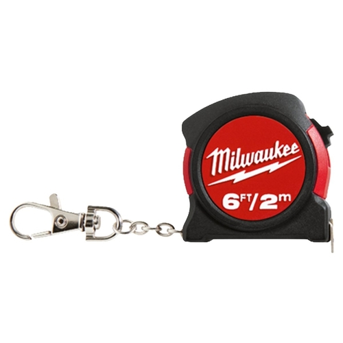 Milwaukee 48-22-5506 Keychain Tape Measure, 6 ft L Blade, 13 mm W Blade, Steel Blade, ABS Case, Black/Red Case