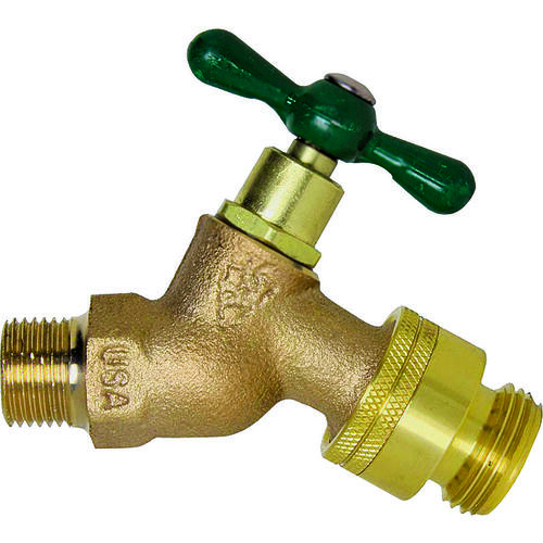 Hose Bibb, 1/2 x 3/4 in Connection, MIP x Hose, 8 to 9 gpm, 125 psi Pressure, Brass Body, Rough