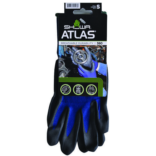 Atlas 380S-06.RT Lightweight Coated Gloves, S, 8-21/32 to 10-15/64 in L, Elastic Cuff, Nitrile Foam Coating, Black/Blue Pair