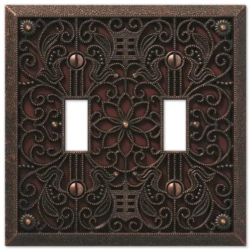 Filigree Wallplate, 4-1/2 in L, 4-7/16 in W, 2 -Gang, Metal, Aged Bronze - pack of 3