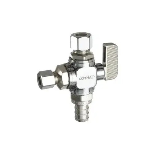 mini-ball Straight Dual Outlet Valve, 1/2 x 3/8 x 1/4 in Connection, 250 psi Pressure, Brass Body Chrome