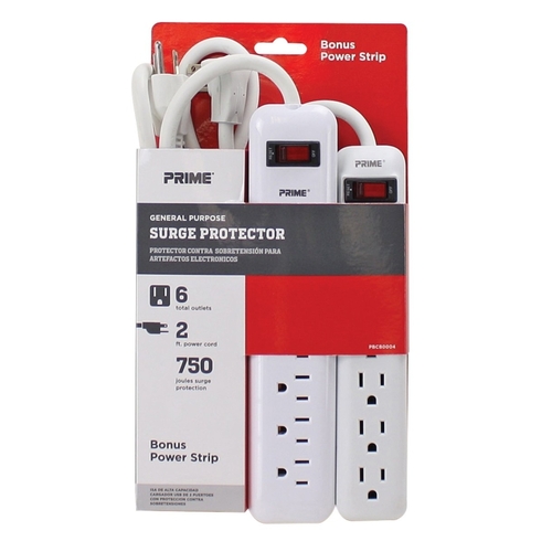 Surge Protector, 6 Outlets, 15A, 125V, 750 Joules White