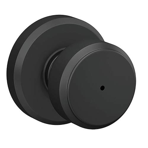 F Series Bed and Bath Lock, Pushbutton Lock, Bowery Knob Handle, Metal, Matte Black, Left, Right Hand