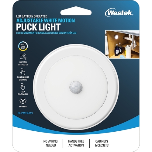 Motion Activated Puck Light, AA Battery, LED Lamp, 80 Lumens, 3000, 4000, 5000 K Color Temp