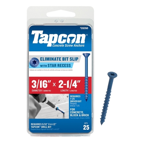 Buildex Tapcon 28260/24260 Screw Anchor, 3/16 in Dia, 2-1/4 in L, Steel, Climaseal Blue - pack of 25