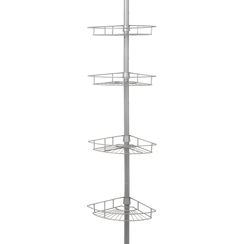 Corner Tension Pole Shower Caddy, 8 in OAL, 11-1/2 in OAW, 4-Shelf, Steel, Satin Nickel