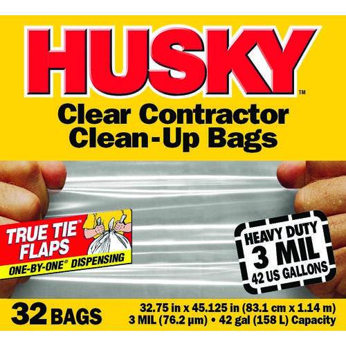 Husky HC42WC032C Clean-Up Trash Bag, 42 gal Capacity, Polyethylene, Clear - pack of 32