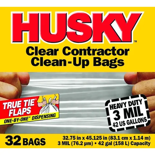 Husky HC42WC032C Clean-Up Trash Bag, 42 gal Capacity, Polyethylene, Clear - pack of 32