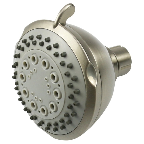 Shower Head, 1.75 gpm, 1/2-14 NPT Connection, Threaded, 3-Spray Function, Plastic, 3-5/8 in Dia Brushed Nickel