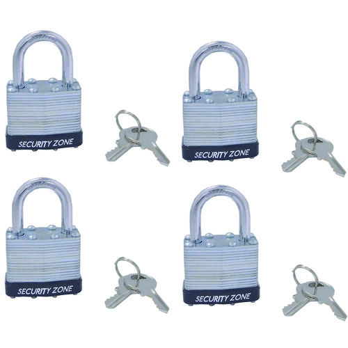 Padlock, Keyed Alike Key, Standard Shackle, 1/4 (6.3) in (mm) Dia Shackle, Steel Shackle, Zinc - pack of 4