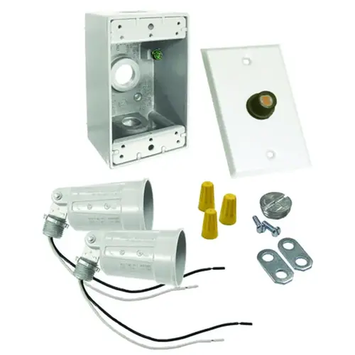 Flood Light Kit, Dusk-to-Dawn, Metal, White, For: 2-Lampholders, Box, Cover and Photocell