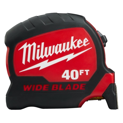 Tape Measure, 40 ft L Blade, 1-19/64 in W Blade, Steel Blade, ABS Case, Black/Red Case