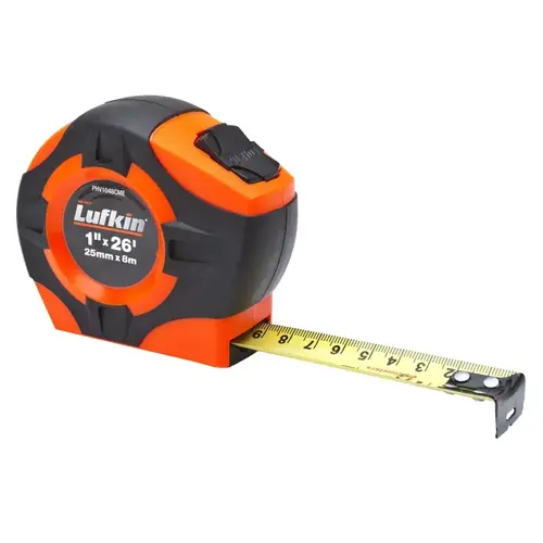 Tape Measure, 26 ft L Blade, 1 in W Blade, Steel Blade, Rubber Case, Orange Case