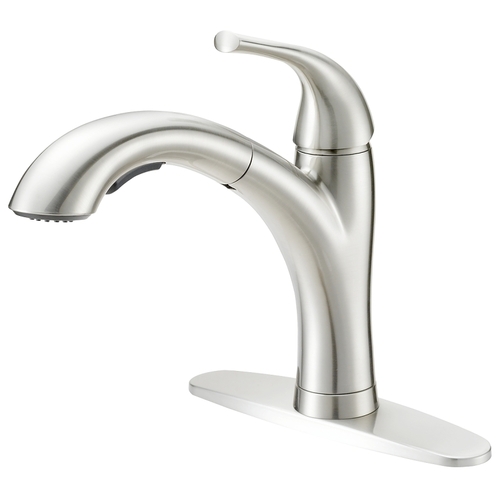 Pull-Out Kitchen Faucet, 1.8 gpm, 1-Faucet Handle, 1, 3-Faucet Hole, Metal/Plastic, Stainless Steel