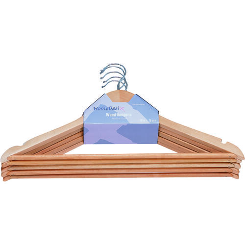 Cloth Hanger Set, 6.6 lb Capacity, Steel/Wood, Natural - pack of 5