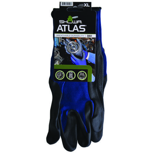 Atlas 380XL-09.RT Lightweight Coated Gloves, XL, 8-21/32 to 10-15/64 in L, Elastic Cuff, Nitrile Foam Coating Pair Black/Blue