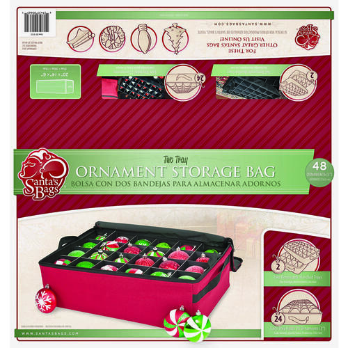 2-Tray Ornament Bag, L, 48 Ornaments Capacity, Polyester, Red, Zipper Closure, 20 in L