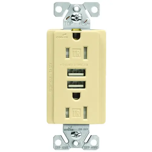 TR7755V-K-L Receptacle, 15 A, 125 V, 2 -USB Port, NEMA: NEMA 5-15R, Ivory