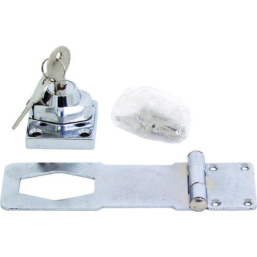 Safety Hasp, 3-1/2 in L, 3-1/2 in W, Steel, Chrome Silver